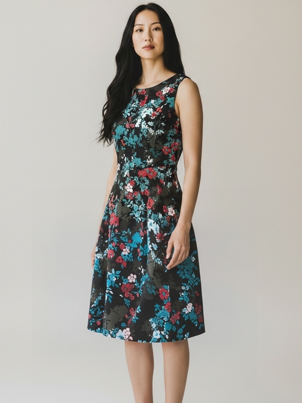 Elle Black Floral Fit-and-Flare Dress with Teal & Red Accents